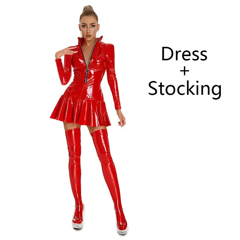 Women's Wet PVC Leather Tight Bodycon Mini Dress Latex Hollow Zipper Stand Up Collar A-Line Mini Pleated Skirt Latex Dresses - Seprincess