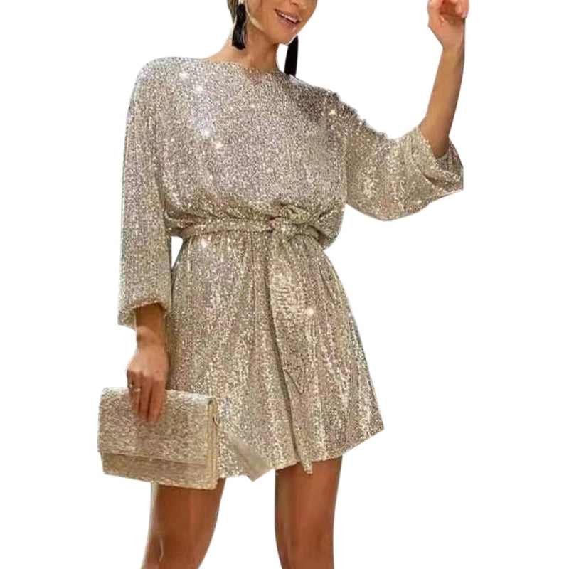 Womens Puff Long Sleeve Glitter Sequin Dress with Belt Evening Wedding Bridesmaid Sparkly Loose Fit Mini Short Dresses - Seprincess