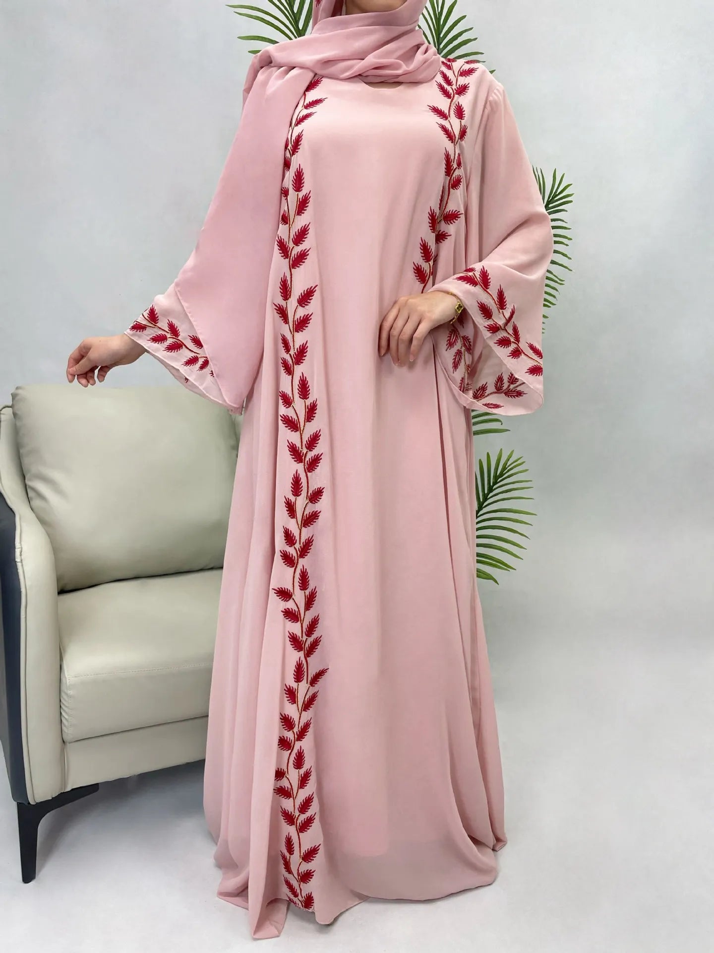 Eid Muslim Abaya for Women Embroidery Dress with Scarf 2 Piece Set Dubai Arab Long Robe Morocco Abayas Kaftan Headscarf Gorgeous - Seprincess