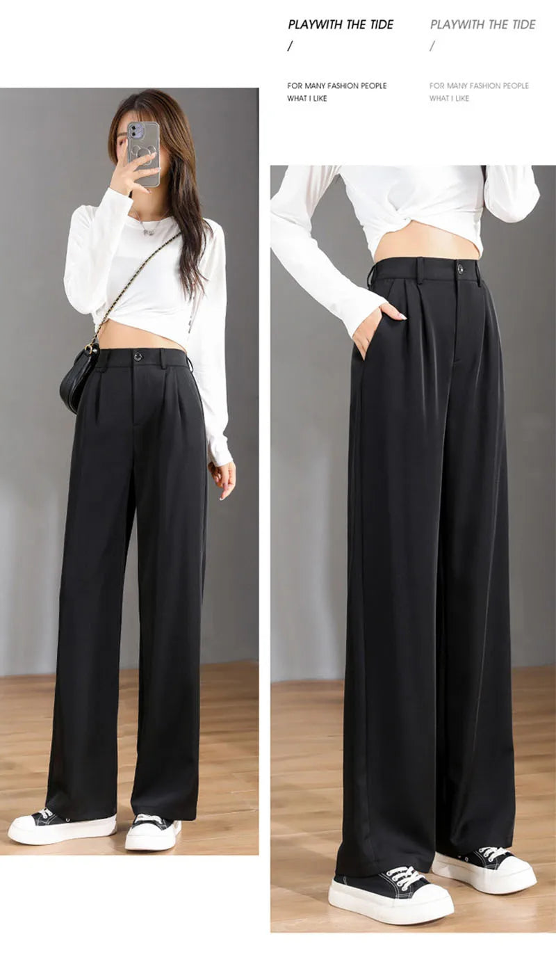 Women Chic Office Wear Straight Pants Vintage High Ladies Trousers Baggy Korean 2024 Spring/Summer/Autumn Wide Leg Female