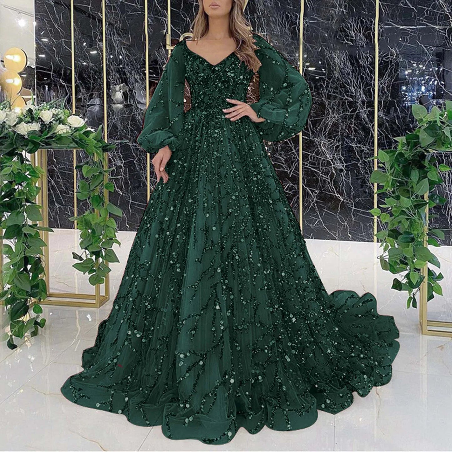 Women's Elegant Cocktail Party Dress Sequins Mesh Evening Dress Long Lantern Sleeve V-Neck Floor Length Luxury Dresses 2024 - Seprincess