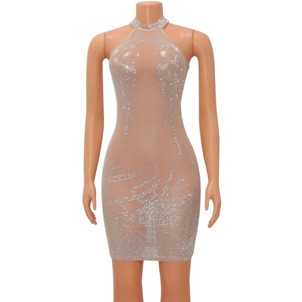 Sexy Mesh Rhinestone Short Prom Evening Mini Dress See Through Outfits Luxury For Women Night Club Party Diamond Bodycon Dresses - Seprincess