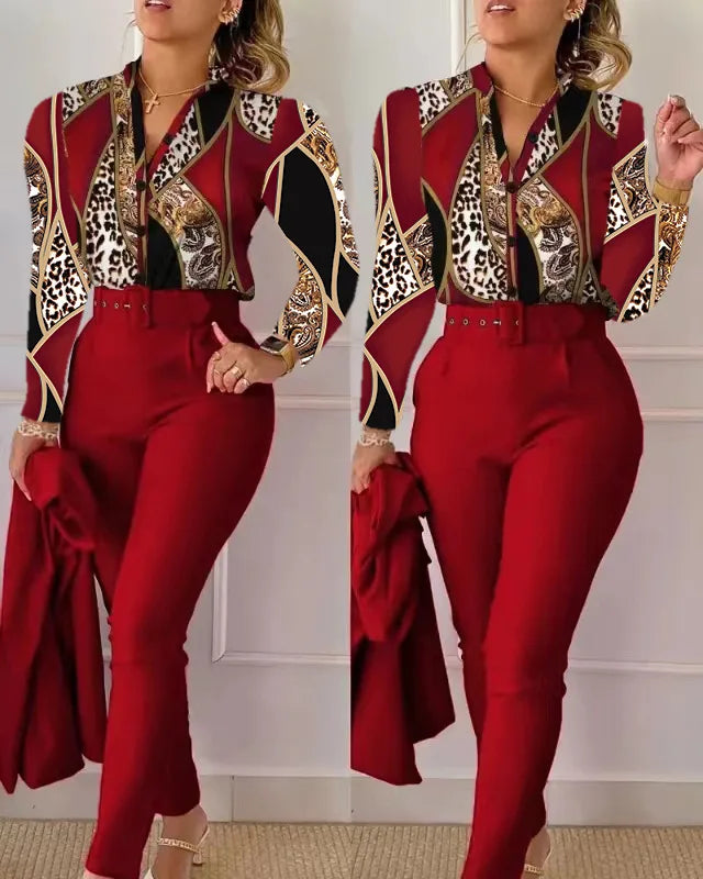 Elegant Women Printed Two Piece Suit Sets Spring Autumn V Neck Long Sleeve Shirt Top & Long Pants Set With Belt Workwear Outfits - Seprincess