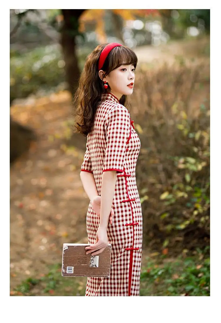 Plaid Cheongsam Young Girl 2024 Spring New Style Literary Elegant Retro Chinese Style Qipao Dress - Seprincess