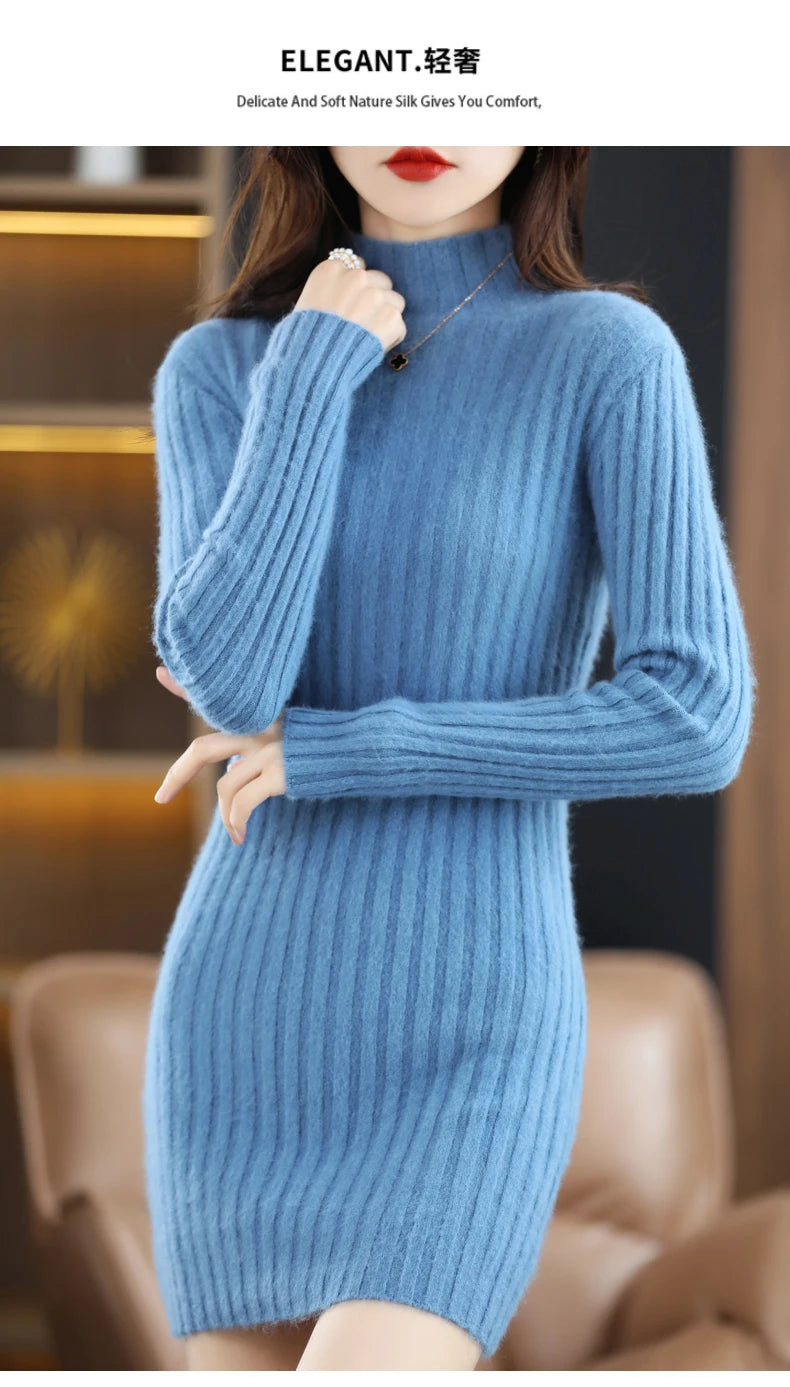 Women's High Collar Winter Warm Long Sleeve Solid Mink Cashmere Korean Version Loose Luxury Soft Cashmere Knitted Fit Dress - Seprincess