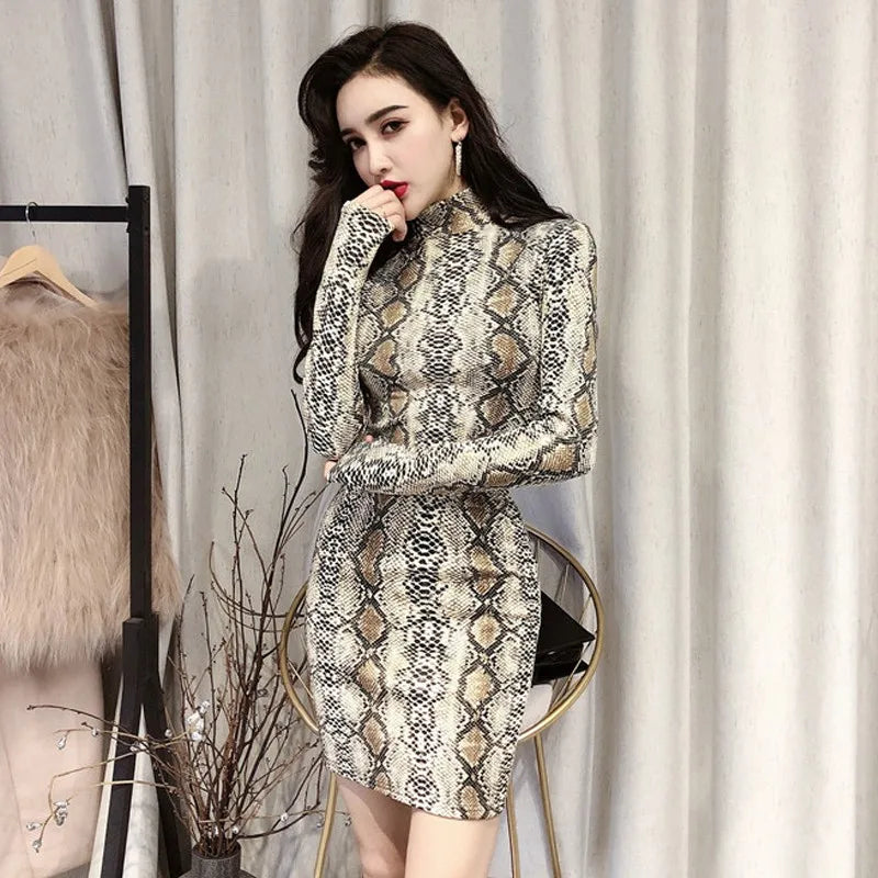 Fashion Vintage Snake Print Dress Turtleneck Sexy Long Sleeve Tight Dress For Women - Seprincess