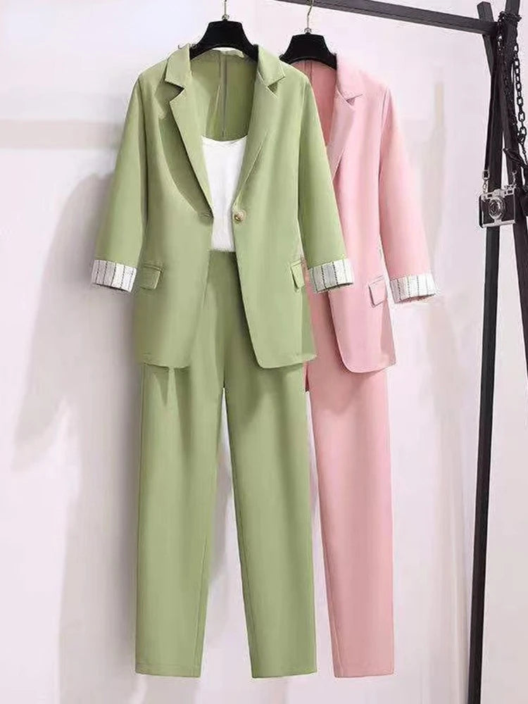 2023 spring new plus size Korean elegant women's suit female blazer leisure pants Tweed suit jacket three piece jacket pants set - Seprincess