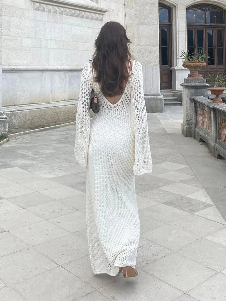 Sexy Women Long Knit Beach Dress Hollow-Out Deep V-Neck Long Sleeve Bikini Cover-Ups Dress Fall Backless Holiday Dress