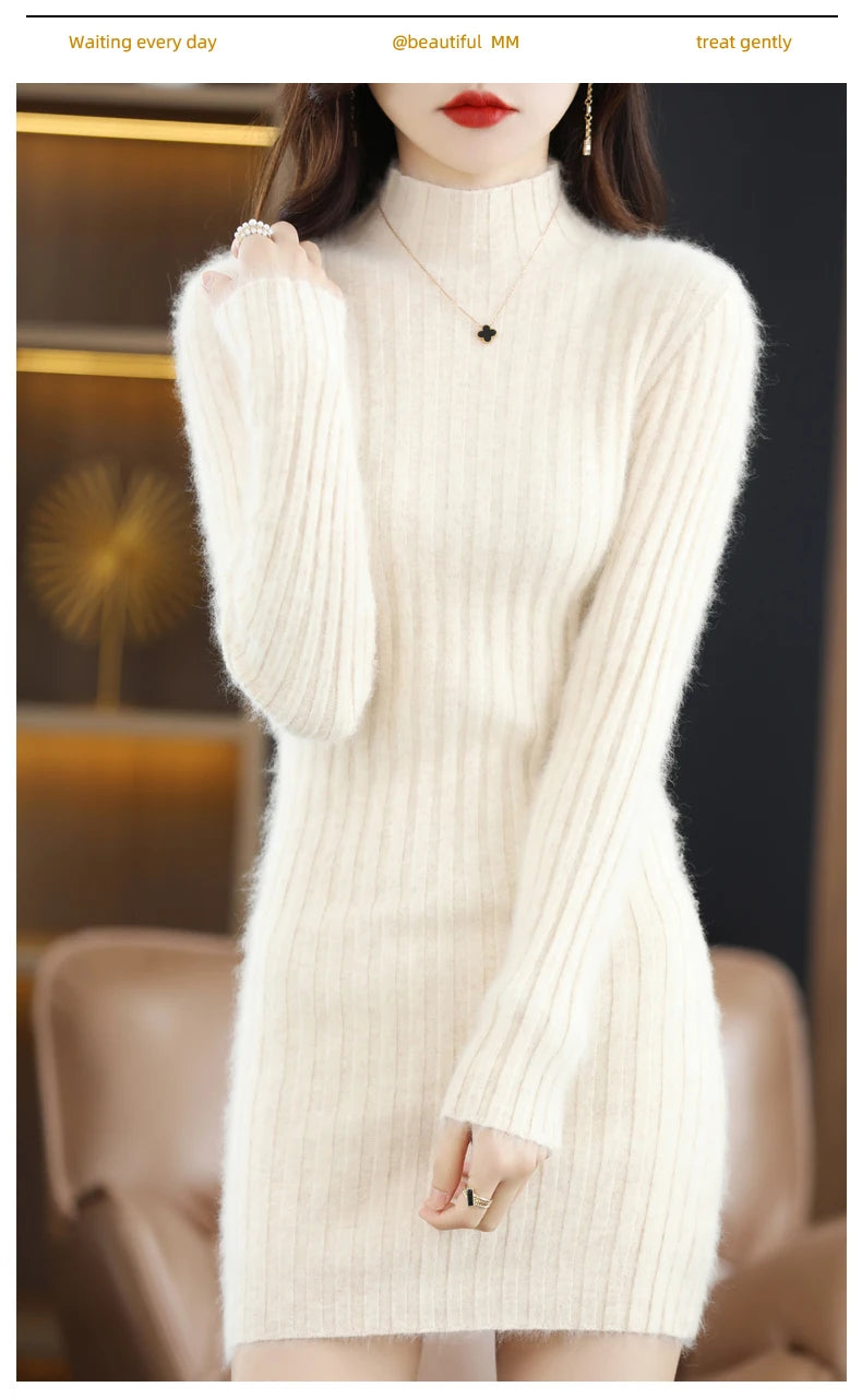 Women's High Collar Winter Warm Long Sleeve Solid Mink Cashmere Korean Version Loose Luxury Soft Cashmere Knitted Fit Dress - Seprincess