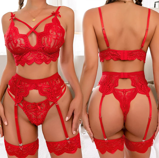 Women's Sexy lace Lingerie Set Teddy Lace Erotic Bikini 3pcs Bra And Panty Garters sets See Through Babydoll Lingerie For Women - Seprincess