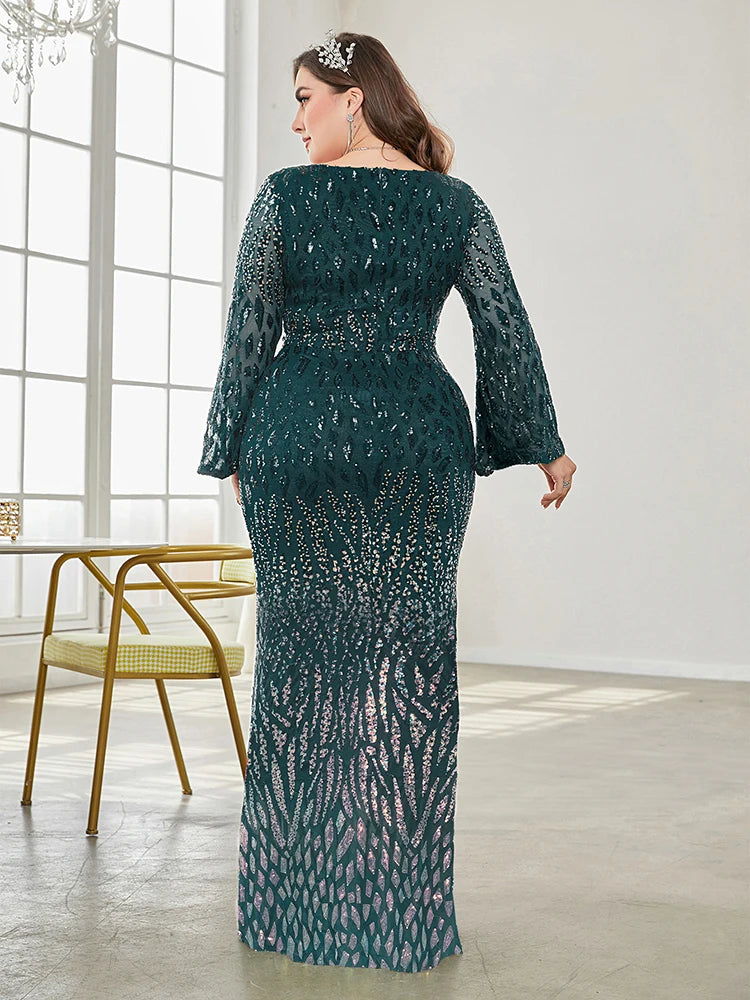 XUIBOL Plus Size Elegant Sequin Blue Evening Dress 2024 Women Formal Maxi Prom Long Sleeves Party Dress Luxury Cocktail Dress