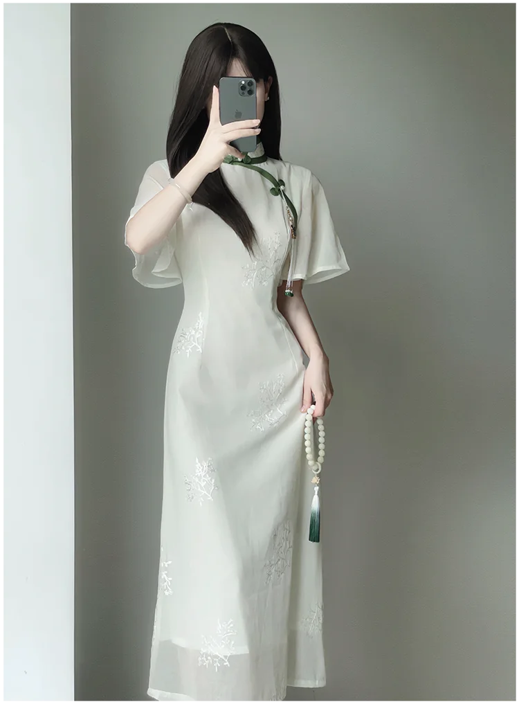 Women White Chiffon Embroidered Inverted Long Sleeve Qipao 2023 Summer New Cheongsam Chinese Style Girl Wen Wan Lady Dress - Seprincess