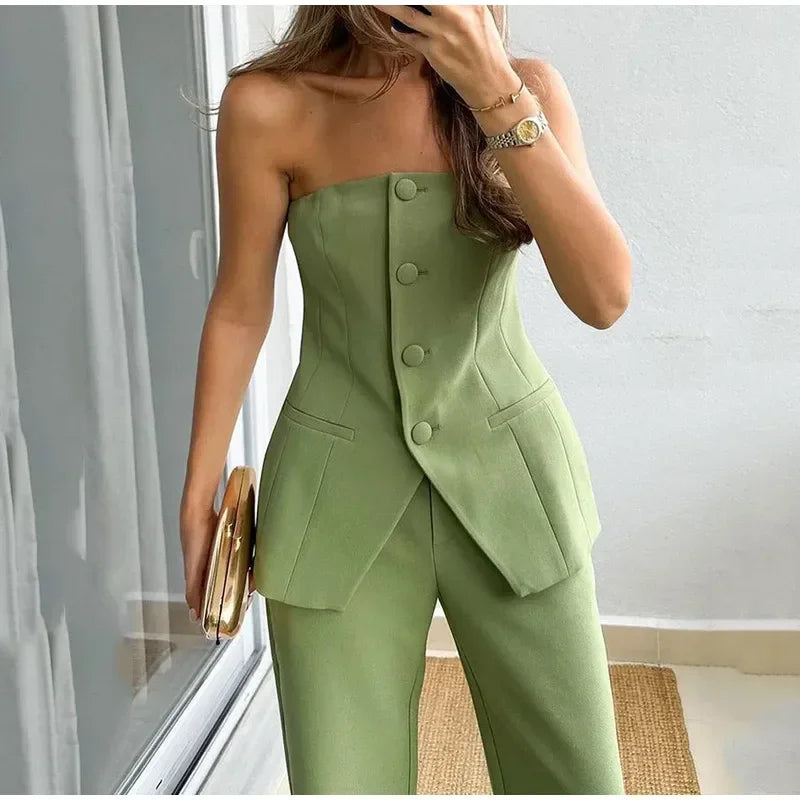 Sexy Stapless Top Pants Set Women Solid Single Breasted Tops High Waist Wide Leg Pant 2024 Summer Autumn Lady Elegant Outfits - Seprincess