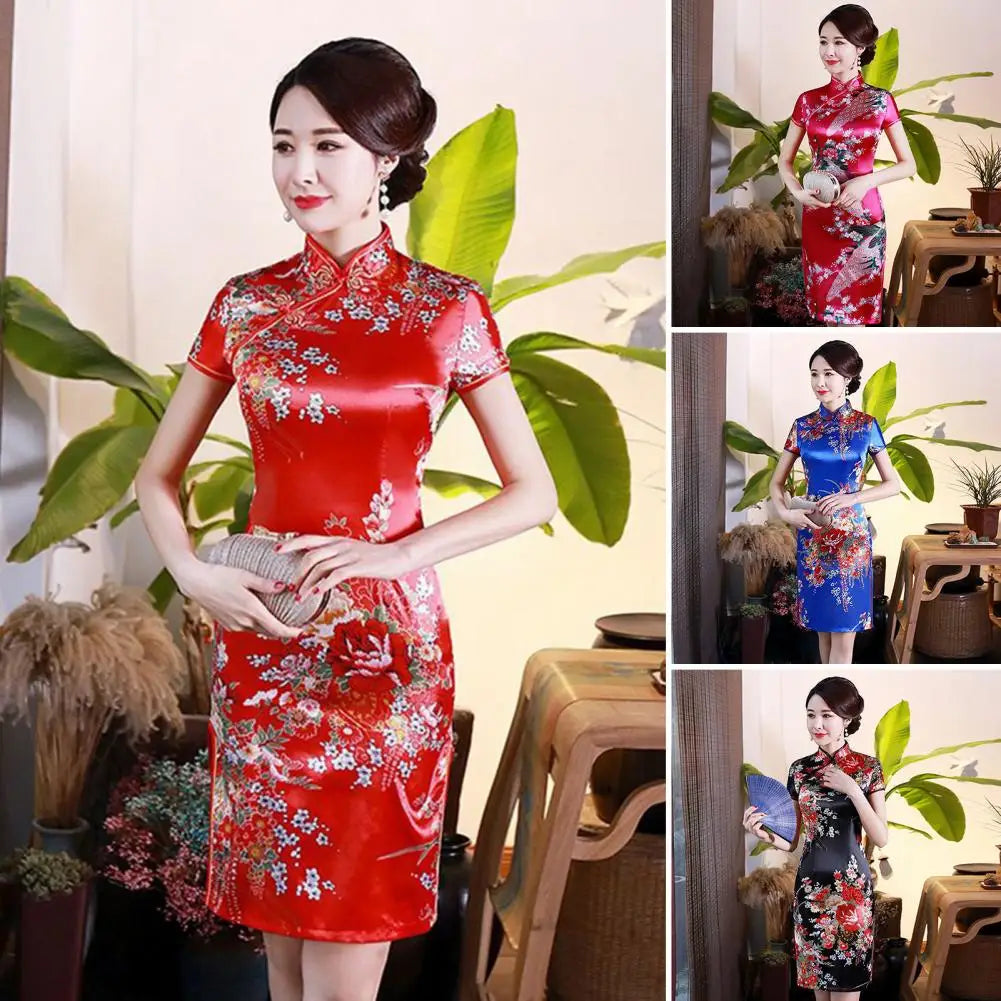 Women Cheongsam Mandarin Collar Short Sleeve Disc Buckles Side Split Lady Cheongsam Flower Print Chinese Style Qipao - Seprincess