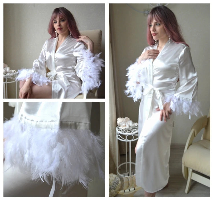 Hiloc Flare Sleeves Feather Robes With Fur White Wedding Sexy Robes Women Dresses Satin Bathrobe Female Sleepwear Fashion 2024 - Seprincess