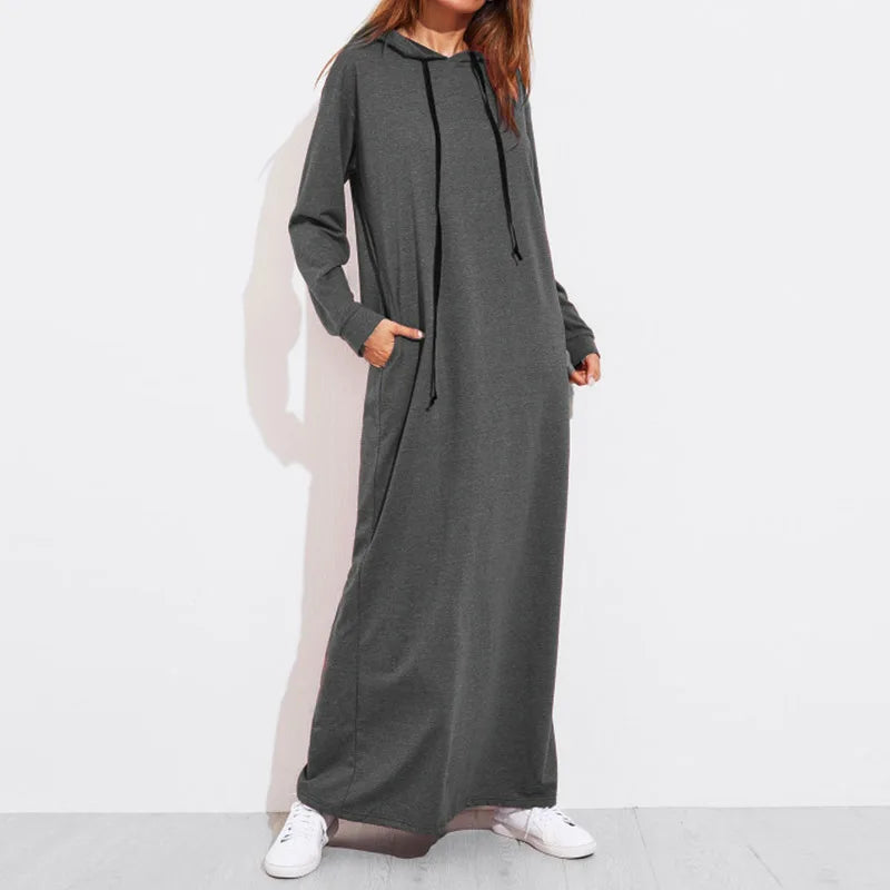 Celmia 2024 Autumn Women Hooded Maxi Dress Casual Solid Long Sleeve Pockets Party Hoodies Dress Long Vestido Robe Drawstring