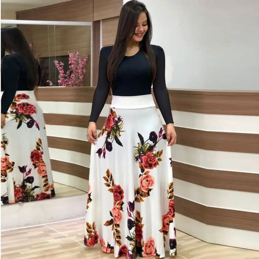 Autumn hot selling European and American flower color matching dresses, long dresses, women's clothing in stock - Seprincess