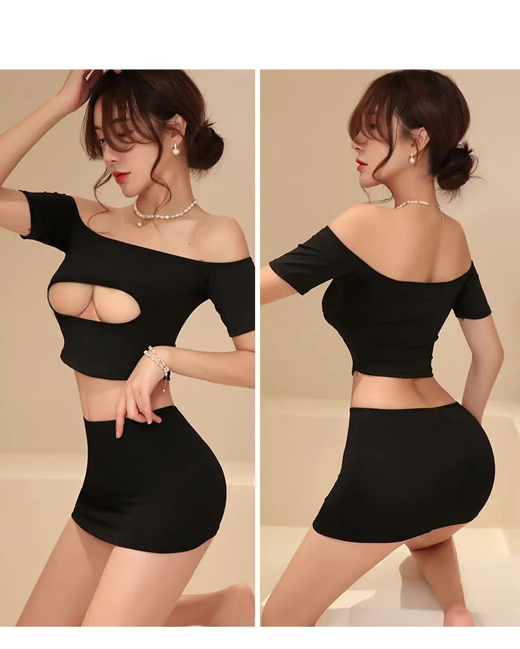 Erotic lingerie Shoulderless Temptation Deep V Bare Milk Two Piece Set women fancy underwear 18 sexy game train men tight xxx - Seprincess