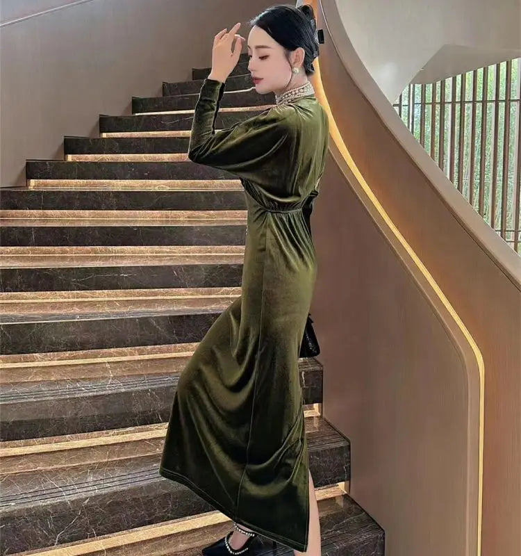 Women Vintage Gold Velvet Ruched Bodycon Elegant Evening Party Dresses Sexy V Neck Split High Waist Long Sleeve Maxi Dress Robe - Seprincess