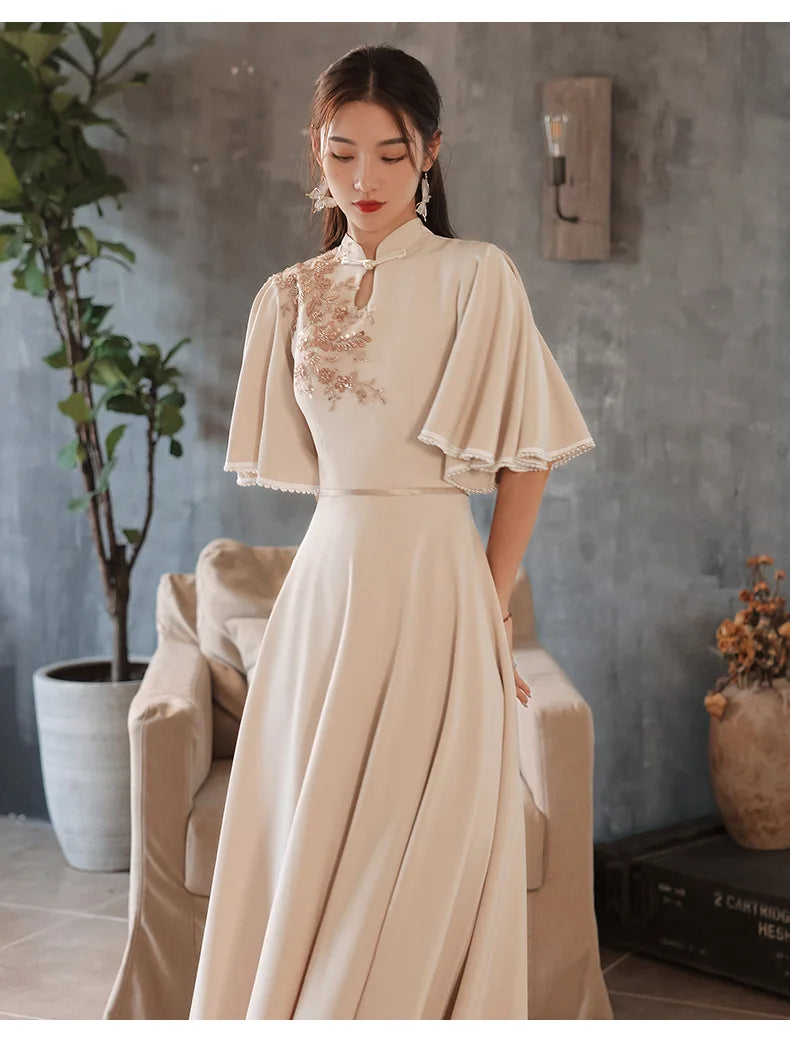 Slim A-line Mandarin Collar Qipao Female Chinese Styles Bridesmaid Dress Appliques Flower Pearl Cheongsam Party Prom Gown - Seprincess