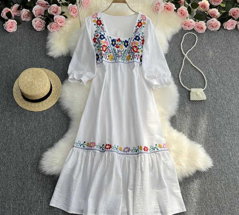 Spring/Summer Women's Travel Vacation Vintage Long Dress Bohemian Ethnic Style Embroidered Waist Tie up Cotton and Linen Dress ? - Seprincess