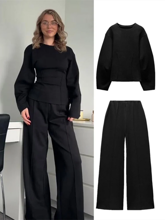 Elegant Women Solid Two Piece Sets Fashion O-Neck Long Sleeve Waist Up Tops Wide Leg Pants Outfits 2024 Casual New Streetwear - Seprincess