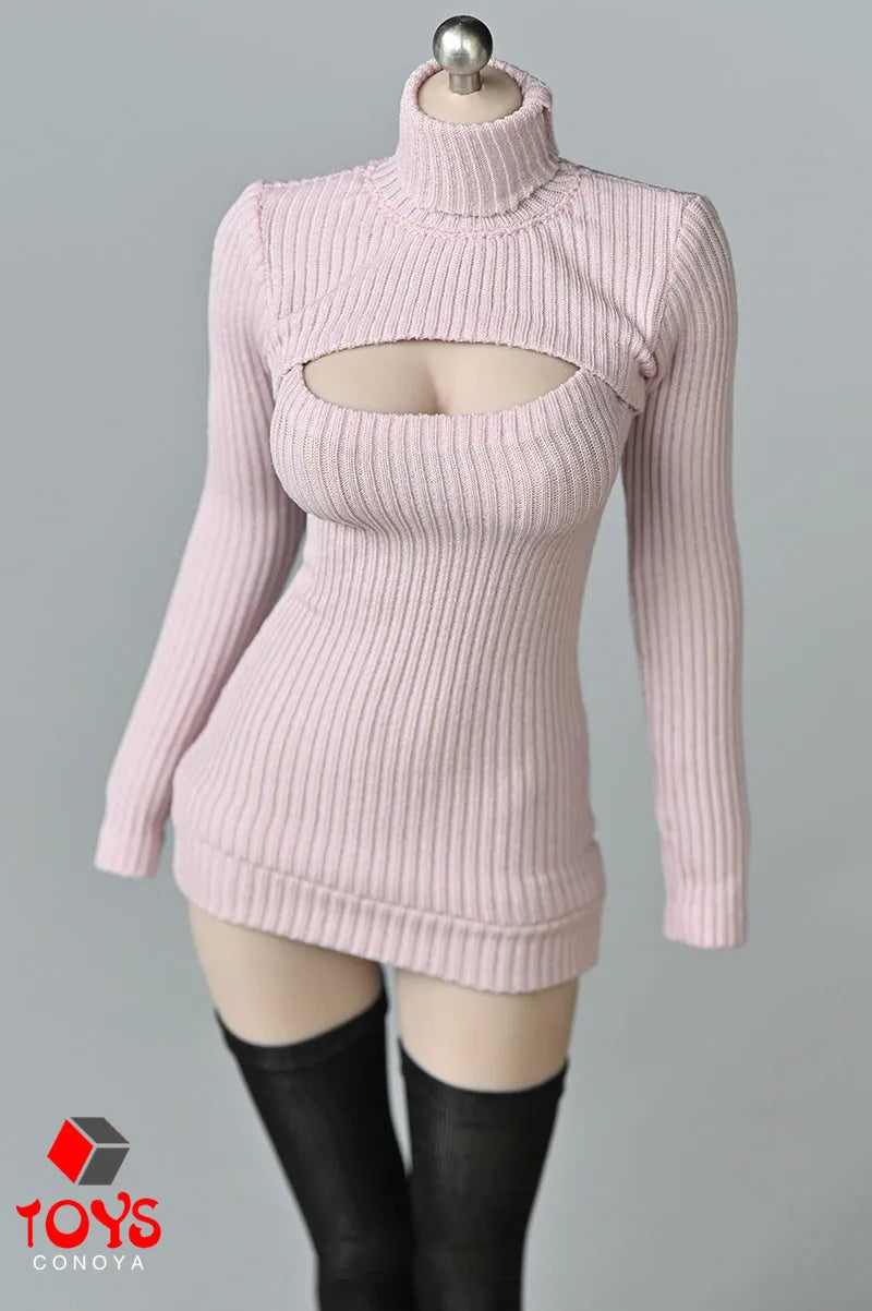 1/6 Scale Female Sweater Slim Elastic High Neck Knit Pullover Sexy Open Chest Tops Mini Sweater Dress for 12" Action Figure - Seprincess