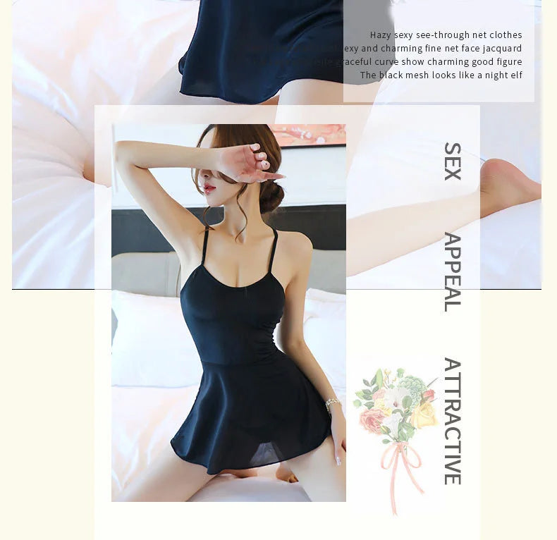 Babydolls Deep V-shaped tight and smooth nightgown with suspender sexy lingerie woman Women's pajamas erotic costume - Seprincess