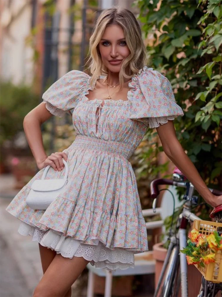 Gypsylady Floral Tiered Ruffles Mini Dress Lace Puff Sleeve Summer Vocation Sexy Lace Up Women Dresses Party Ladies Vestidos New - Seprincess