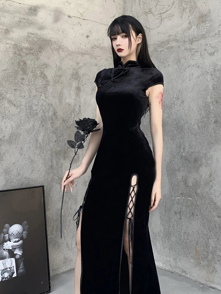 Goth Dark Romantic Gothic Velvet Aesthetic Dresses Vintage Women Black Bandage SlitHem Bodycon Dress Sexy Evening Wear Cheongsam - Seprincess