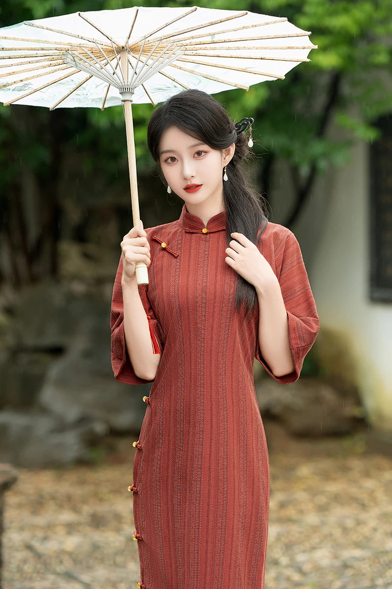 Sexy Red Blue Traditional Dresses Cheongsam Womens Qipao Stripe Stand Collar Robe Orientale Girl Dress Plus Size 23621 - Seprincess