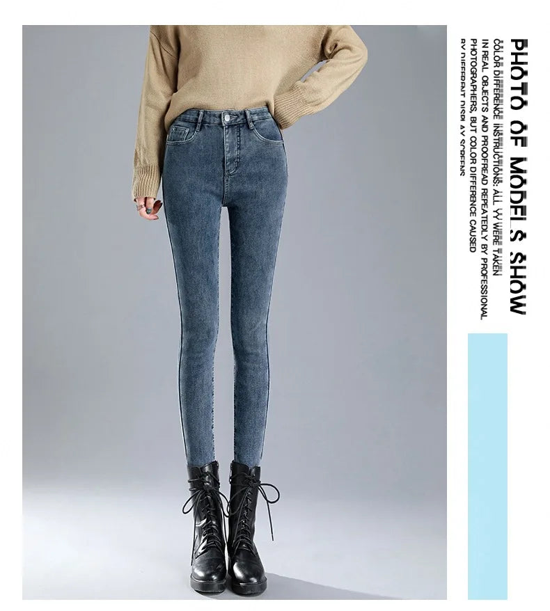 Thickened High-Waisted Fleece-Lined Jeans Women's Slimming Tightening Pants Winter New Elastic Pants Slimming Thickened