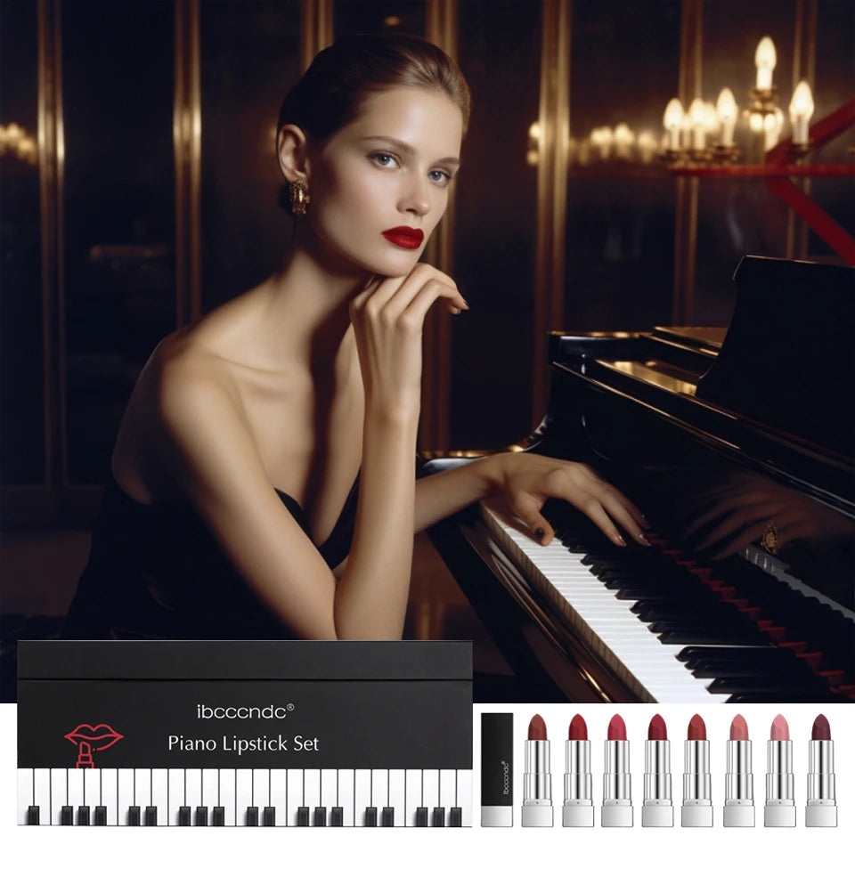 8Pcs/Set Velvet Matte Lipstick Set Long Lasting Waterproof Creative Piano Box Design Nude Red Batom Makeup Cosmetic Gifts - Seprincess