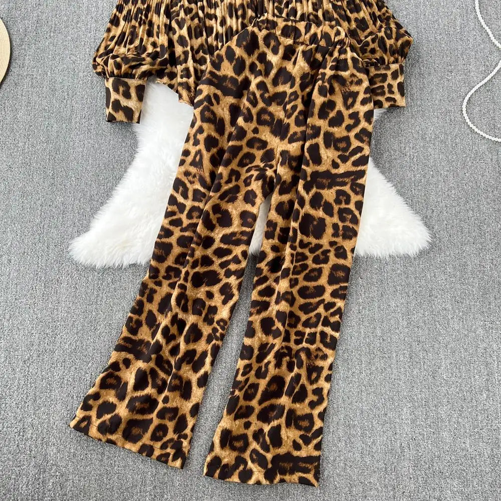 Autumn Elegant Women 2 Pieces Set Leopard Print Long Sleeve Shirts Casual Loose Pantalon Outfits New Fashion Vintage Sweatsuit - Seprincess