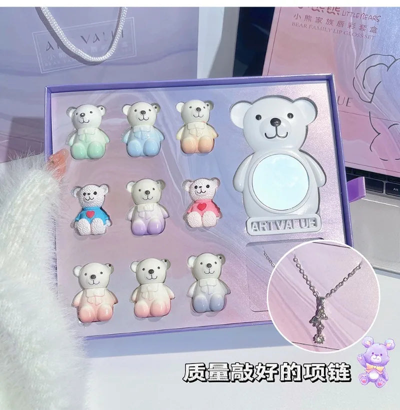 Bear Family Matte Lipstick Set High Quality Cute Makeup Waterproof Cosmetics Gift Beauty Ornaments Necklace - Seprincess