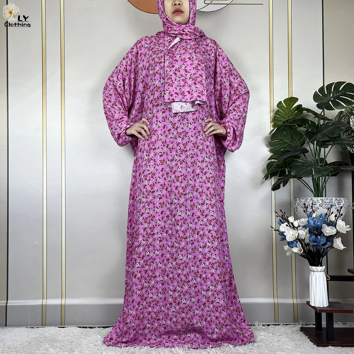 2024Latest Muslim Abayas For Women Ramadan Prayer Maxi Dubai Turkey Femme Cotton Robe Floral Loose African Dress Turban Attached