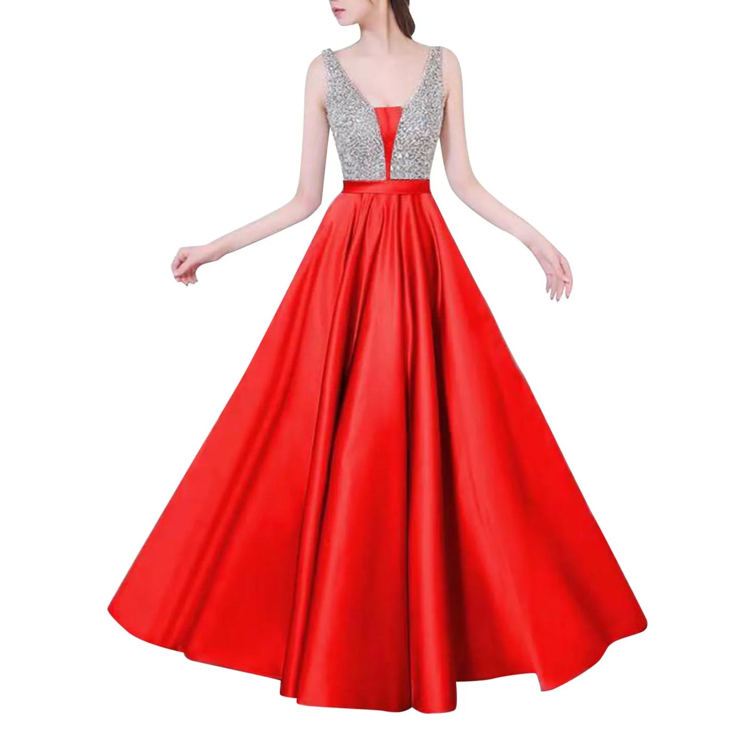 A Line Elegant Sequined Long Prom Dresses Ladies Deep V Neck Solid Color Satin Ruffles Formal Party Dresses Bridesmaid Dress - Seprincess