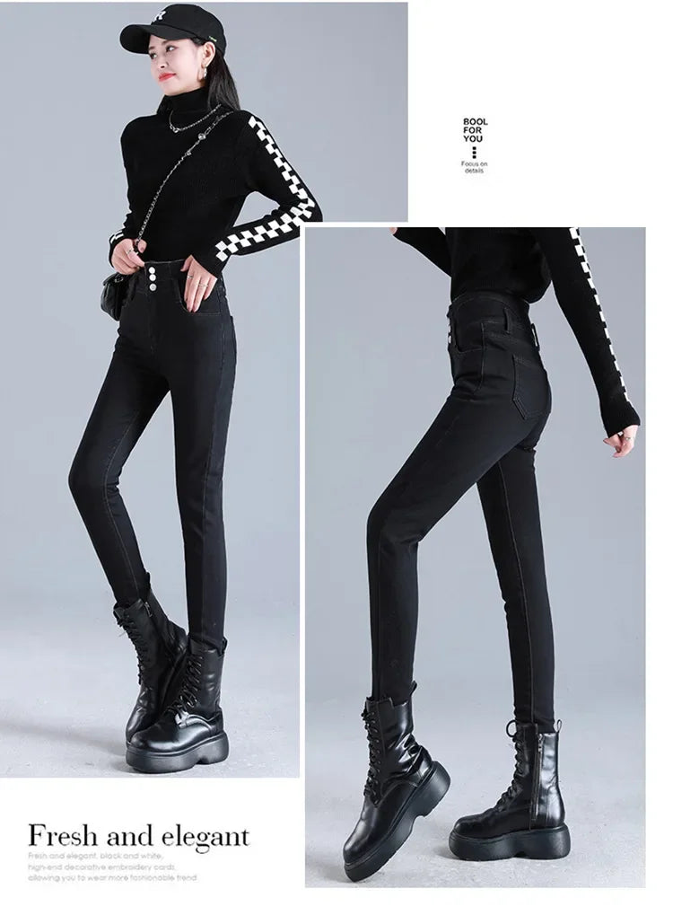 2023 Winter New Women's High-Waisted Elastic Korean Style Slimming Thickened Warm Fleece-Lined Jeans Outer Wear Small Foot Trous