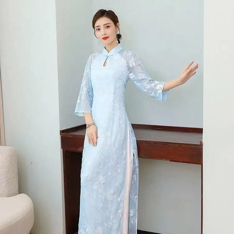 Modified Style Cheongsam Young Simple Elegant Retro Chinese Style Modern Long Qipao High-end Oriental Wedding Party Floral Dress - Seprincess