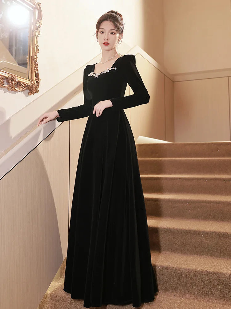 Autumn Winter Black Evening Dress Women Elegant  Luxury Velvet Long Sleeve A-line Party Dresses French Beadding Prom Gown - Seprincess