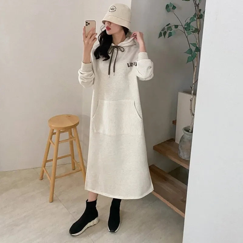 2023 Autumn/winter New Women's Fleece-lined Thickened Sweatshirt Hooded Dress Loose-fit Long Over-knee Korean Style - Seprincess