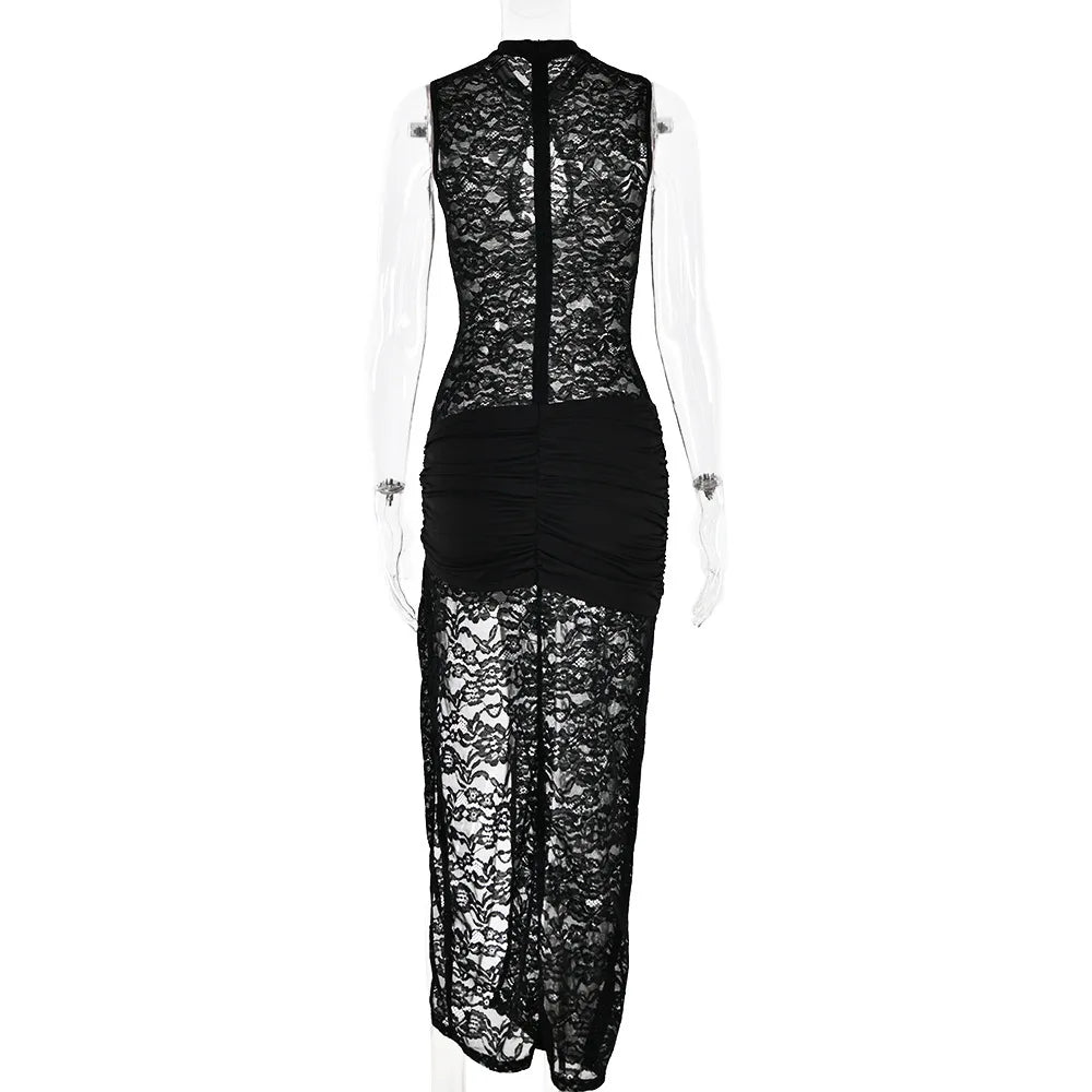 Sibybo Black Lace Long Dress For Women Sleeveless Hollow Out High Slit Bodycon Evening Dresses Sexy Slim Party Vestidos - Seprincess