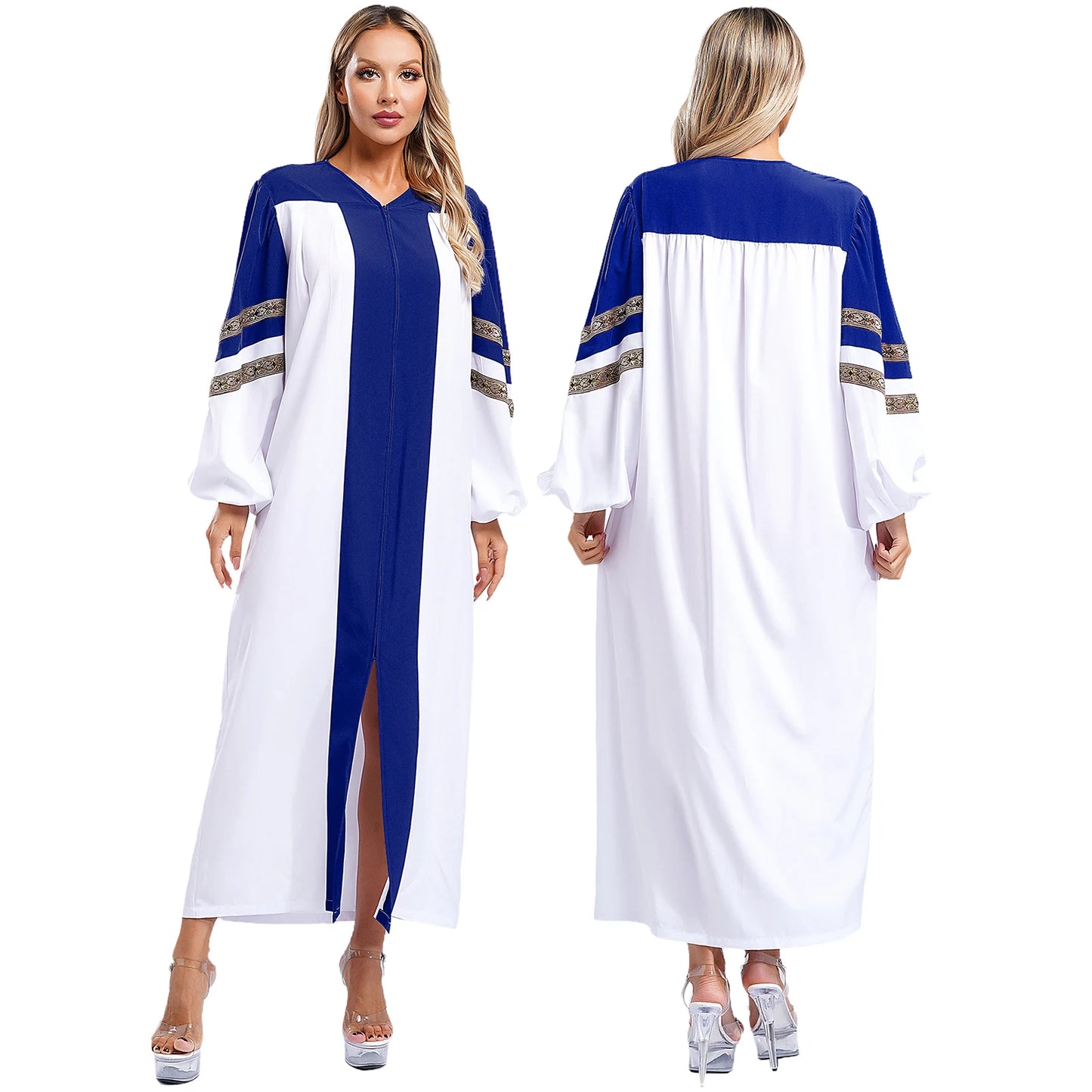 Womens Mens Church Choir Robe Halloween Cosplay Theme Party Costume V-Neck Embroidered Stripes Long Sleeve Zipper Clergy Gown - Seprincess