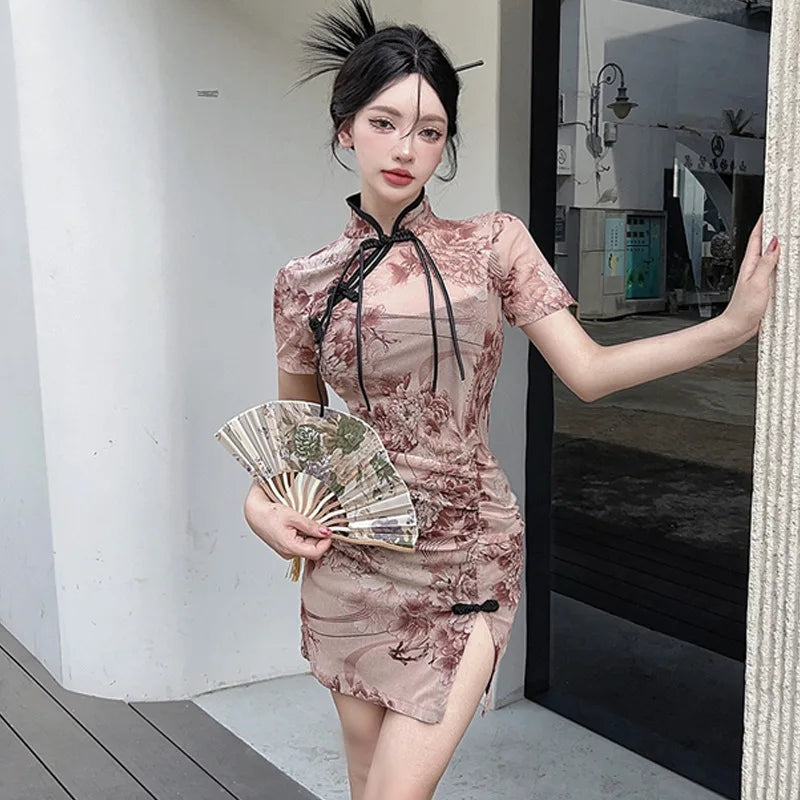 Chinese cheongsam summer high slim elegant flower long maxi dress hot sexy short skirt Korean fashion women Y2K clothing - Seprincess