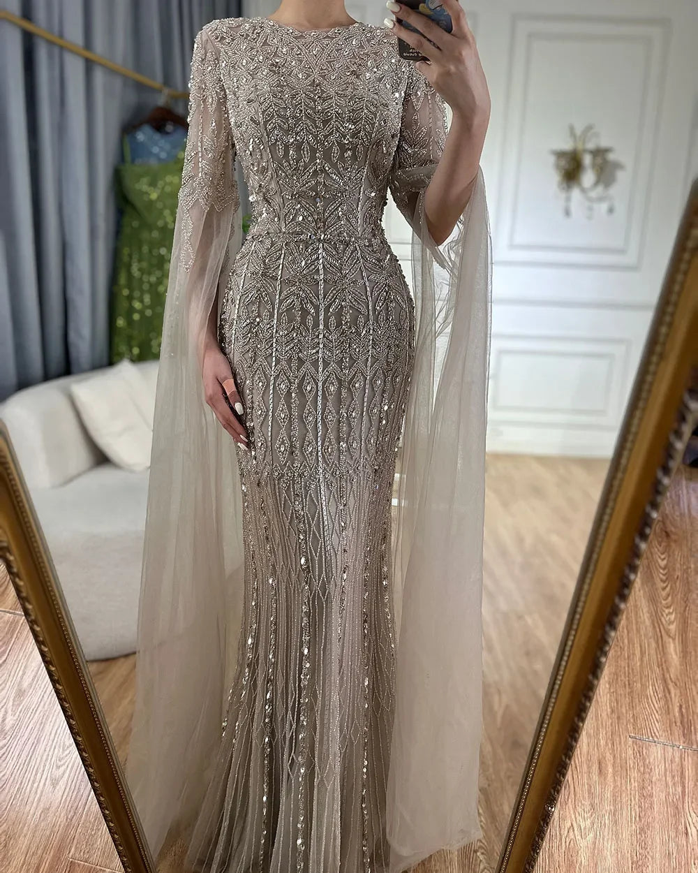 Wasisi 2024 Saudi Arabia Caramel Mermaid Elegant Cape Sleeve Luxury Beaded Evening Gown for Formal Occasion ELA72775 - Seprincess