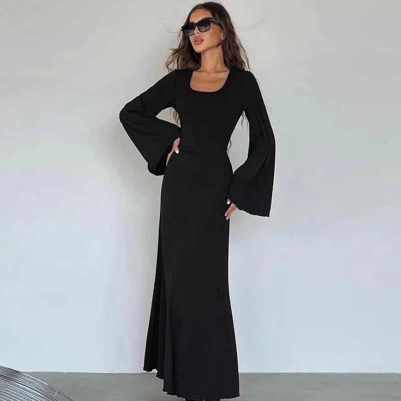 Dulzura Solid Ribbed Trumpet Sleeves Maxi Dress Back Lace-Up Straps Elegant Casual 2023 Autumn Winter For Women Birthday