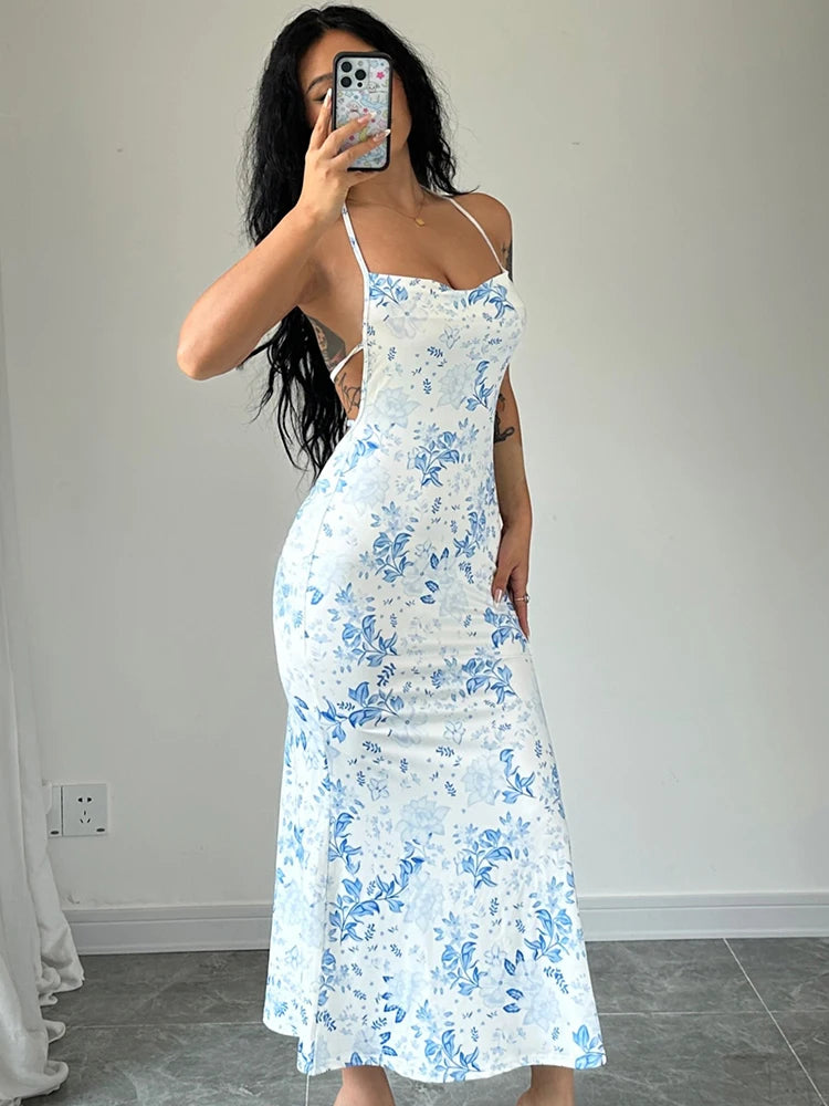 Dulzura Lace Up Halter Floral Long Dress For Women Backless Bodycon Midi Dress Sexy Party Club Outfit Streetwear Sundress Summer