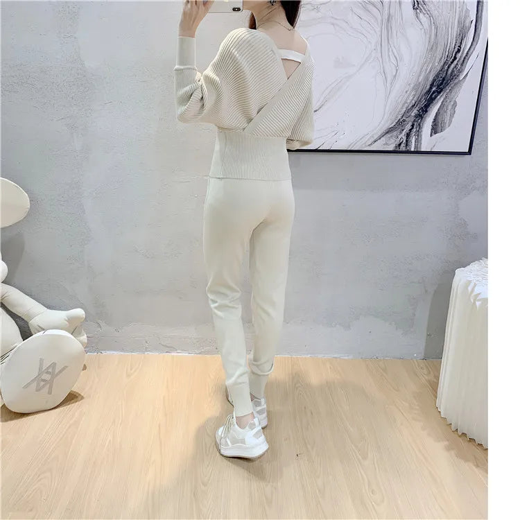 Elegant Tracksuit Sexy Two Piece Set Women Korean Style Ribbed Knitted Backless Top And Long Harem Pant Suit Autumn Outfits y2k - Seprincess