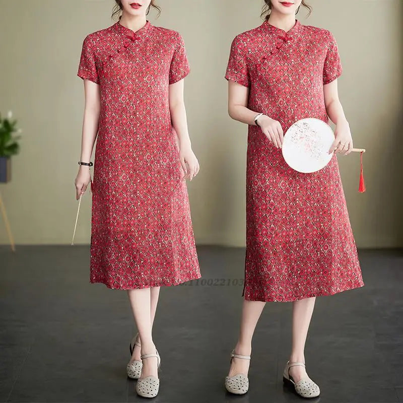 2024 chinese improved cheongsam dress traditional flower print cotton linen dress qipao vintage chinese dress folk style qipao - Seprincess