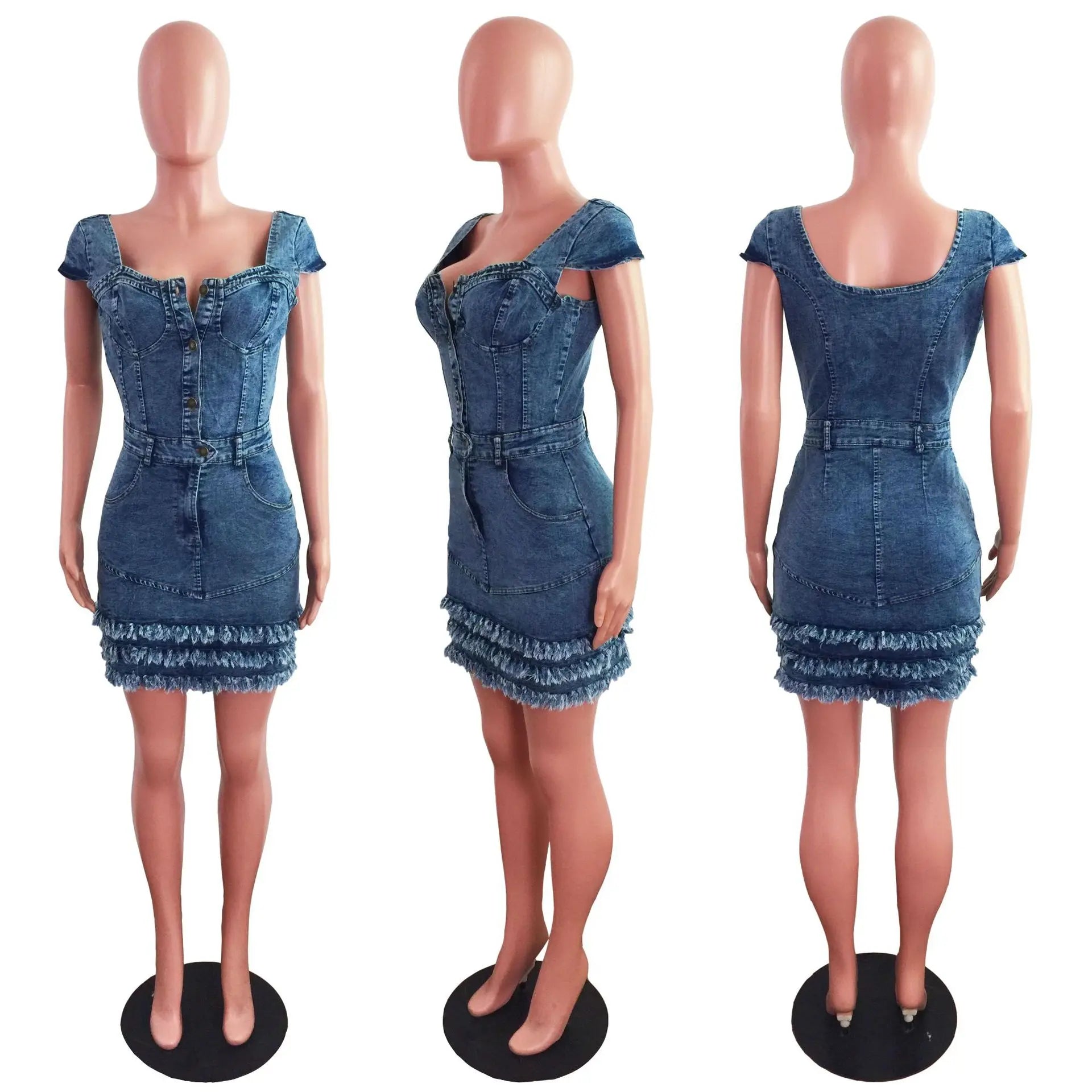 2023 Women Sexy Short Sleeve Dress Slim Fit Tassel Package Hip Pocket Button Denim Dresses Sheath Backless Tight High Waist - Seprincess